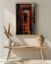 London Wall Art, Red Phone Booth, Rainy City Print, Impasto Oil Painting, UK Travel Decor, Romantic Couple Art, British Style