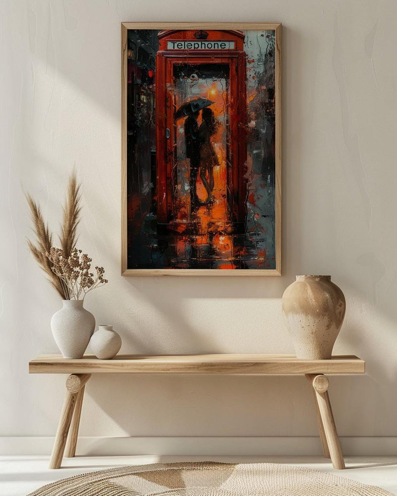 London Wall Art, Red Phone Booth, Rainy City Print, Impasto Oil Painting, UK Travel Decor, Romantic Couple Art, British Style