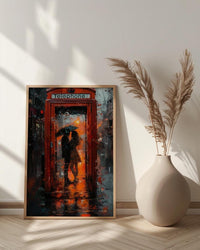 London Wall Art, Red Phone Booth, Rainy City Print, Impasto Oil Painting, UK Travel Decor, Romantic Couple Art, British Style