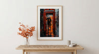 London Wall Art, Red Phone Booth, Rainy City Print, Impasto Oil Painting, UK Travel Decor, Romantic Couple Art, British Style