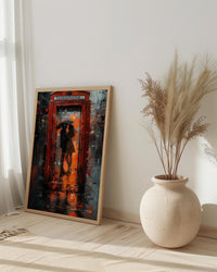 London Wall Art, Red Phone Booth, Rainy City Print, Impasto Oil Painting, UK Travel Decor, Romantic Couple Art, British Style