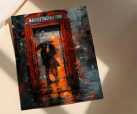 London Wall Art, Red Phone Booth, Rainy City Print, Impasto Oil Painting, UK Travel Decor, Romantic Couple Art, British Style