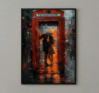 London Wall Art, Red Phone Booth, Rainy City Print, Impasto Oil Painting, UK Travel Decor, Romantic Couple Art, British Style