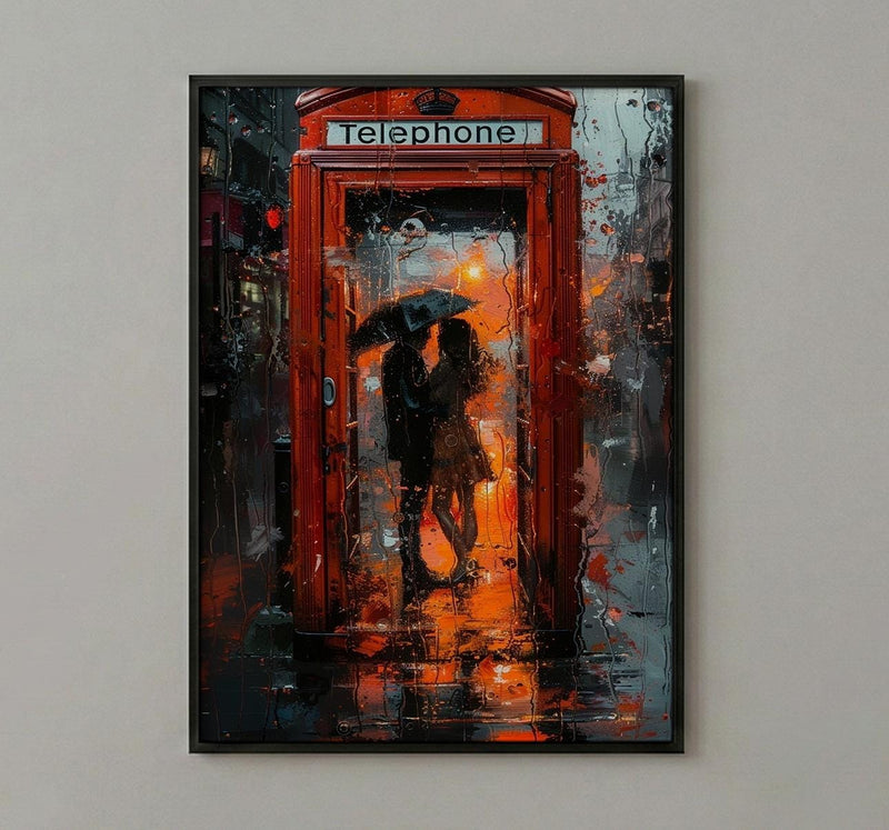 London Wall Art, Red Phone Booth, Rainy City Print, Impasto Oil Painting, UK Travel Decor, Romantic Couple Art, British Style