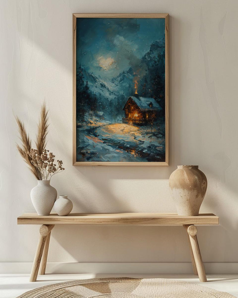 Winter Cabin Art, Switzerland Landscape, Snowy Mountain Print, Impasto Oil Painting, Cozy Home Decor, Christmas Gift, Chalet
