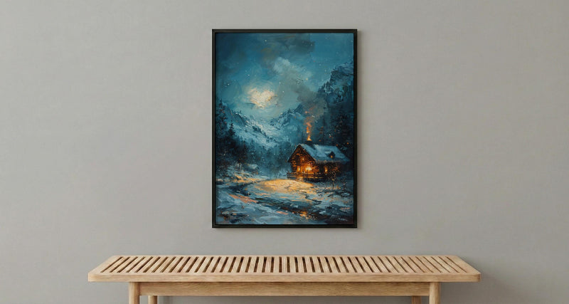 Winter Cabin Art, Switzerland Landscape, Snowy Mountain Print, Impasto Oil Painting, Cozy Home Decor, Christmas Gift, Chalet