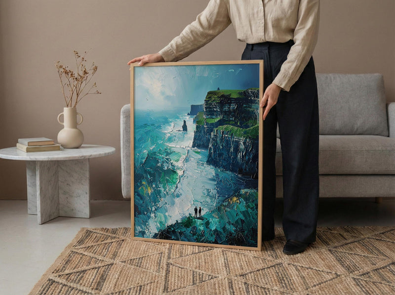 Ireland Wall Art, Cliffs of Moher Print, Nature Landscape, Impasto Oil Painting, Green Wall Decor, Wild Ocean, Travel Gift