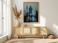 Prague Wall Art, Charles Bridge Print, Gothic Decor, Impasto Oil Painting, Foggy Morning, Moody Landscape, Dark Academia