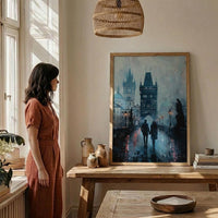 Prague Wall Art, Charles Bridge Print, Gothic Decor, Impasto Oil Painting, Foggy Morning, Moody Landscape, Dark Academia