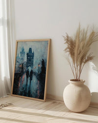 Prague Wall Art, Charles Bridge Print, Gothic Decor, Impasto Oil Painting, Foggy Morning, Moody Landscape, Dark Academia