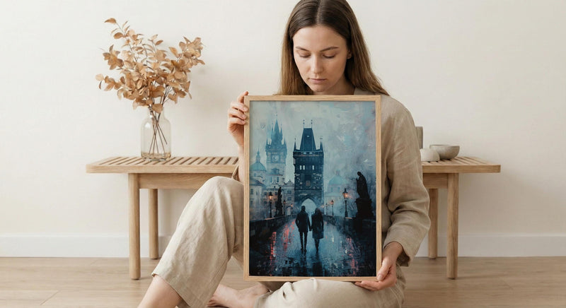 Prague Wall Art, Charles Bridge Print, Gothic Decor, Impasto Oil Painting, Foggy Morning, Moody Landscape, Dark Academia