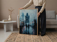 Prague Wall Art, Charles Bridge Print, Gothic Decor, Impasto Oil Painting, Foggy Morning, Moody Landscape, Dark Academia