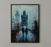 Prague Wall Art, Charles Bridge Print, Gothic Decor, Impasto Oil Painting, Foggy Morning, Moody Landscape, Dark Academia
