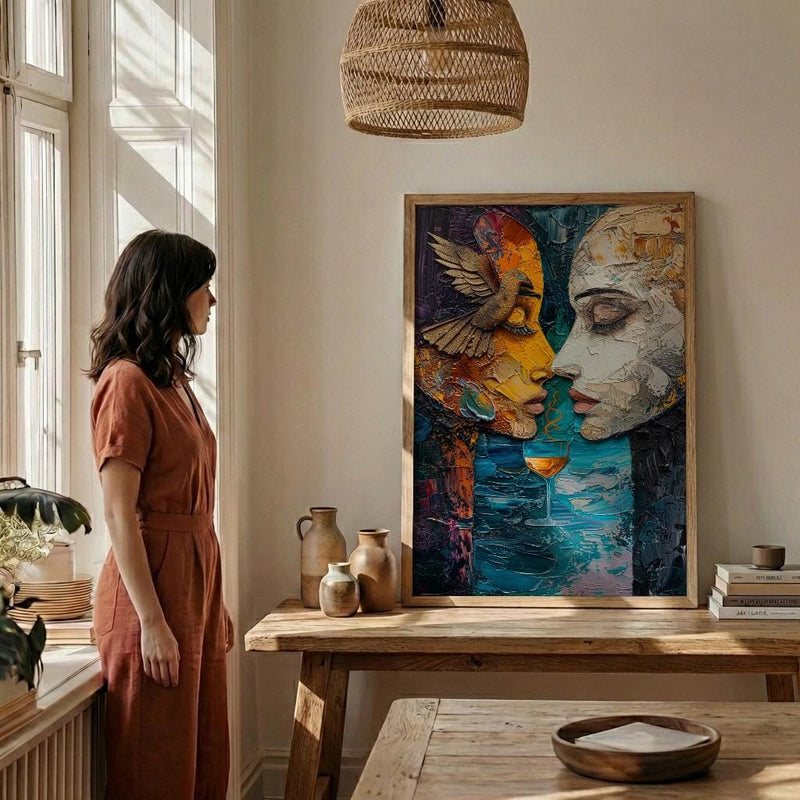 Soulmate Gift, Two of Cups Tarot Print, Impasto Art, Wedding Gift, Twin Flame Connection, Abstract Couple Drinking, Love Art