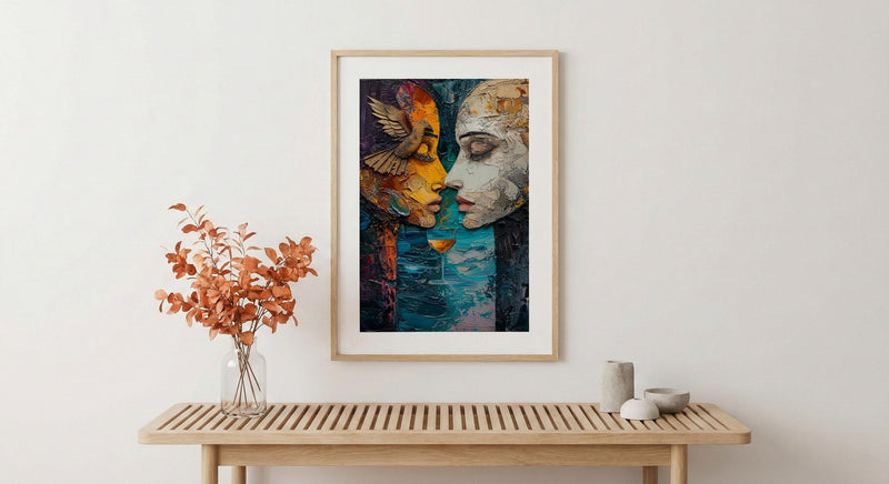 Soulmate Gift, Two of Cups Tarot Print, Impasto Art, Wedding Gift, Twin Flame Connection, Abstract Couple Drinking, Love Art