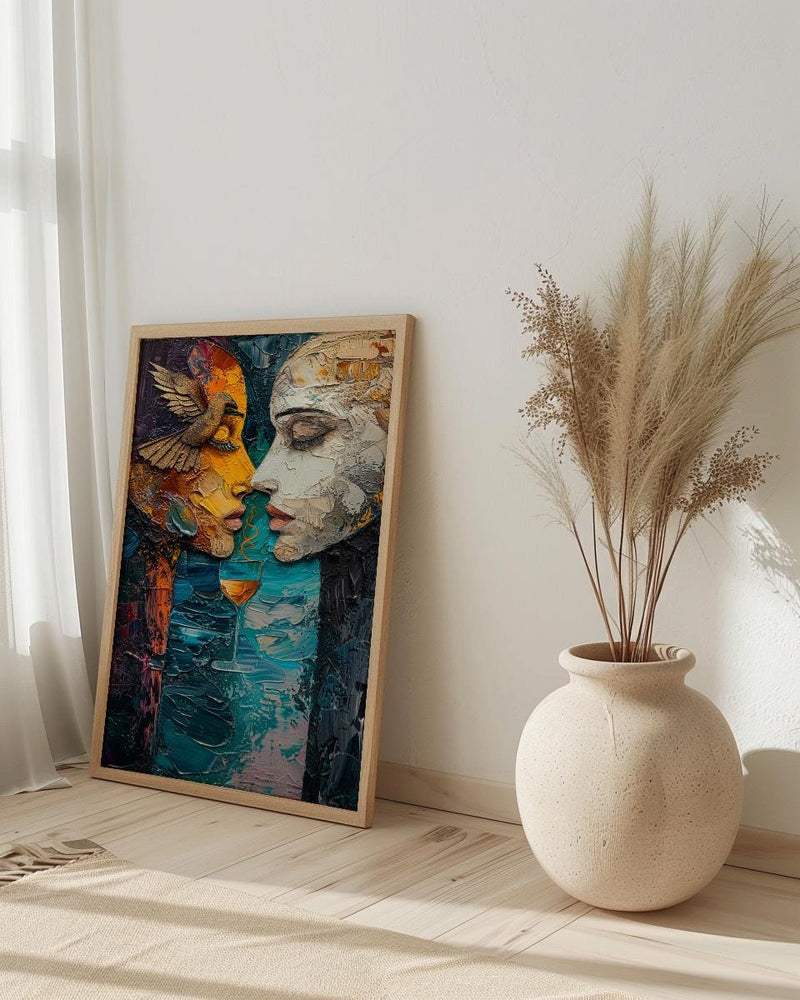Soulmate Gift, Two of Cups Tarot Print, Impasto Art, Wedding Gift, Twin Flame Connection, Abstract Couple Drinking, Love Art