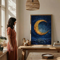 The Moon Tarot Print, Mystic Wall Decor, Dark Academia Art, Impasto Oil Painting, Midnight Blue Poster, Intuition Gift, Witchy Art