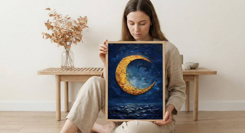 The Moon Tarot Print, Mystic Wall Decor, Dark Academia Art, Impasto Oil Painting, Midnight Blue Poster, Intuition Gift, Witchy Art