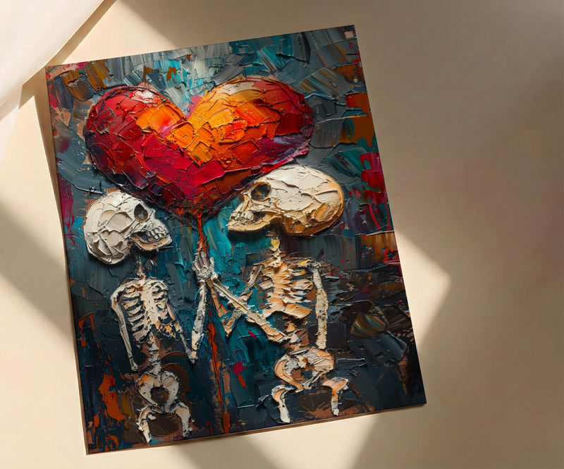 Gothic Anniversary Gift, Skull Couple Art, Till Death Do Us Part, Impasto Oil Painting, Dark Romantic Decor, Skeleton Love, Emo Gift