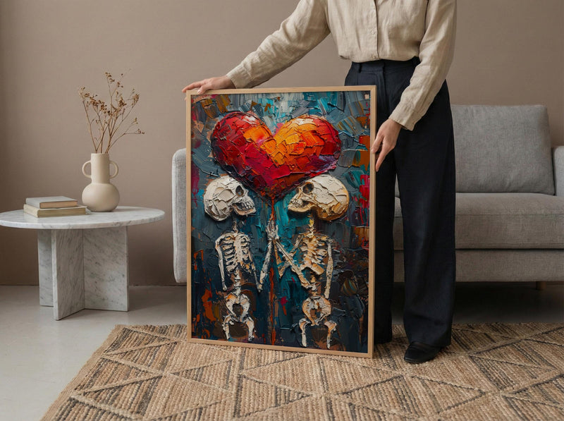 Gothic Anniversary Gift, Skull Couple Art, Till Death Do Us Part, Impasto Oil Painting, Dark Romantic Decor, Skeleton Love, Emo Gift