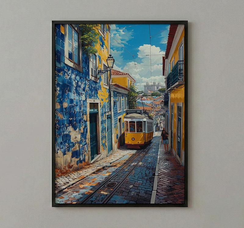 Lisbon Wall Art, Yellow Tram 28 Print, Portugal Decor, Impasto Oil Painting, Azulejo Tile, Cityscape Art, Cheerful Gift