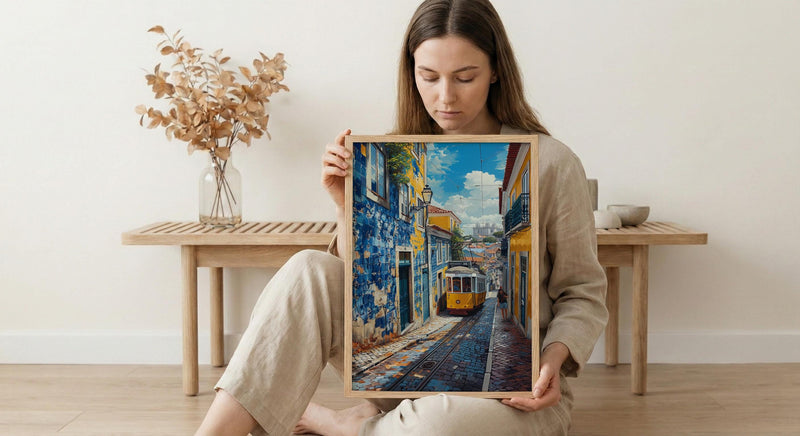 Lisbon Wall Art, Yellow Tram 28 Print, Portugal Decor, Impasto Oil Painting, Azulejo Tile, Cityscape Art, Cheerful Gift