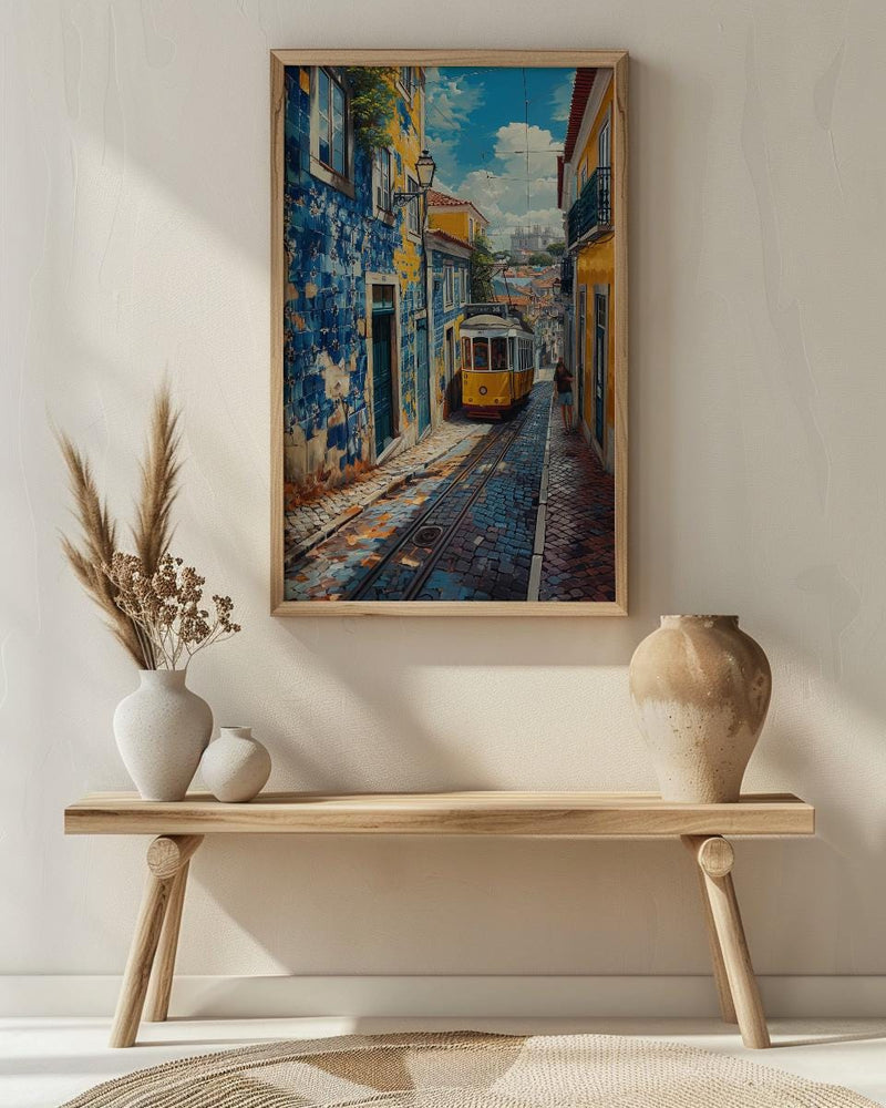 Lisbon Wall Art, Yellow Tram 28 Print, Portugal Decor, Impasto Oil Painting, Azulejo Tile, Cityscape Art, Cheerful Gift