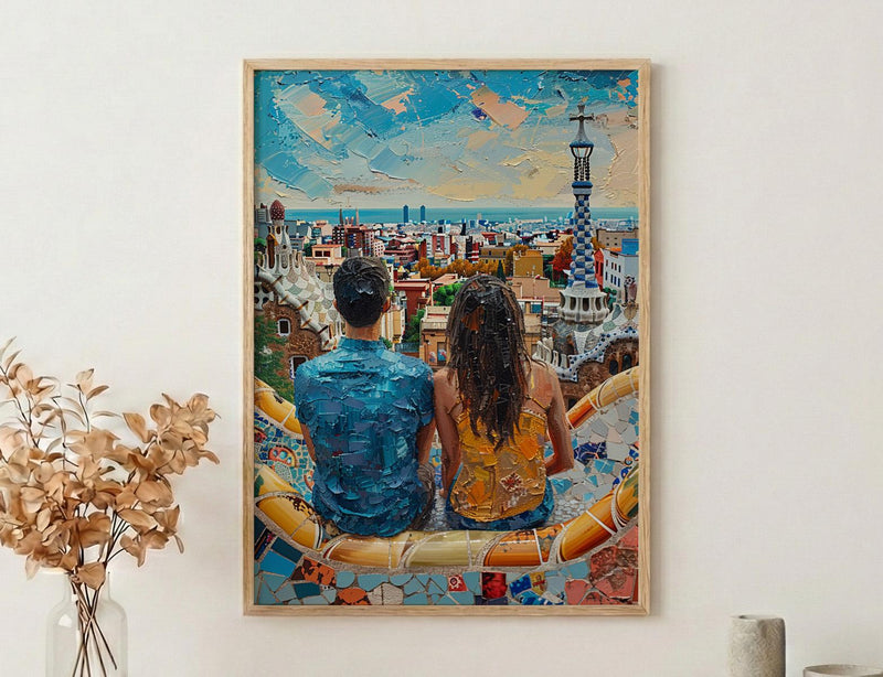 Barcelona Wall Art, Park Guell Print, Gaudi Mosaic, Impasto Oil Painting, Spain Travel Decor, Colorful Art, Artistic Gift