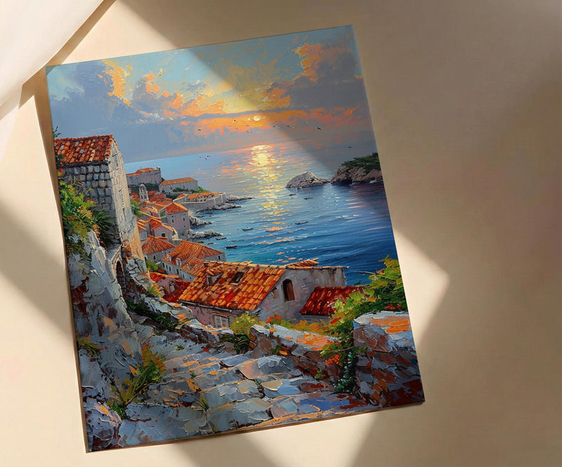 Dubrovnik Wall Art, Croatia Travel Print, Old Town Decor, Impasto Oil Painting, Terracotta Rooftops, Game of Thrones Vibe, Sea