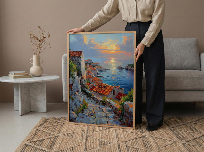 Dubrovnik Wall Art, Croatia Travel Print, Old Town Decor, Impasto Oil Painting, Terracotta Rooftops, Game of Thrones Vibe, Sea