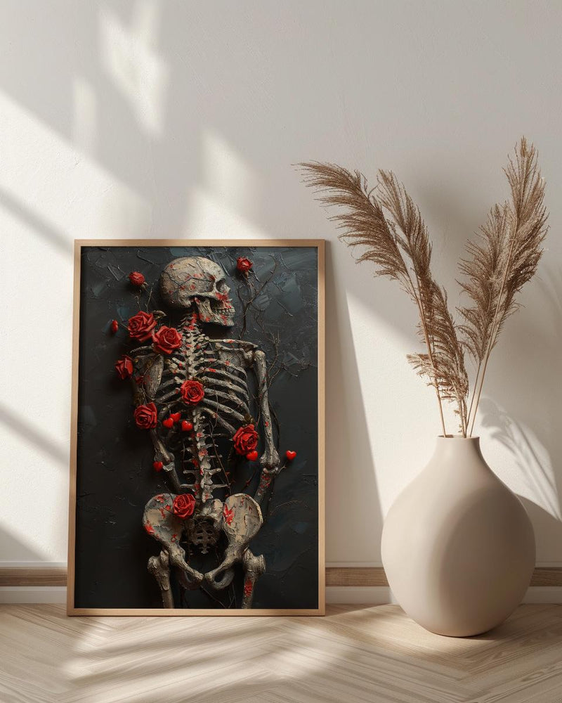 Skeleton Ribcage Art, Floral Anatomy Print, Dark Academia Decor, Impasto Oil Painting, Red Roses, Gothic Garden, Medical Art