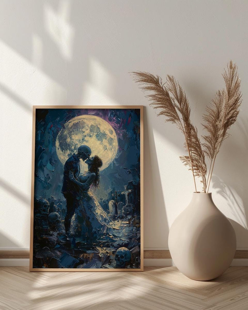 Skeleton Kiss Art, Full Moon Print, Gothic Romance Decor, Impasto Oil Painting, Night Sky, Cemetery Art, Dark Fantasy Love