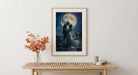 Skeleton Kiss Art, Full Moon Print, Gothic Romance Decor, Impasto Oil Painting, Night Sky, Cemetery Art, Dark Fantasy Love