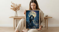Skeleton Kiss Art, Full Moon Print, Gothic Romance Decor, Impasto Oil Painting, Night Sky, Cemetery Art, Dark Fantasy Love
