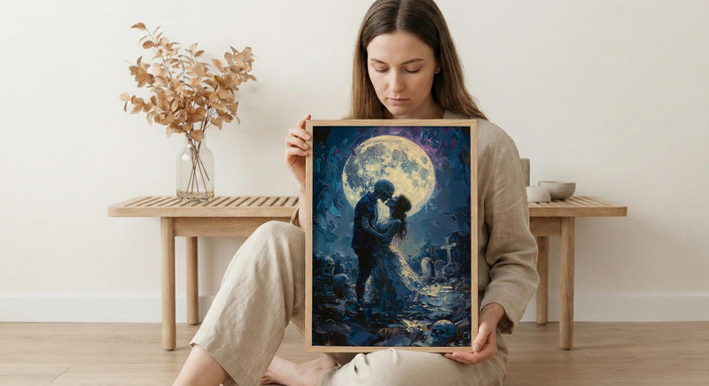Skeleton Kiss Art, Full Moon Print, Gothic Romance Decor, Impasto Oil Painting, Night Sky, Cemetery Art, Dark Fantasy Love