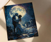 Skeleton Kiss Art, Full Moon Print, Gothic Romance Decor, Impasto Oil Painting, Night Sky, Cemetery Art, Dark Fantasy Love