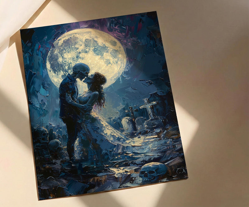 Skeleton Kiss Art, Full Moon Print, Gothic Romance Decor, Impasto Oil Painting, Night Sky, Cemetery Art, Dark Fantasy Love