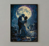 Skeleton Kiss Art, Full Moon Print, Gothic Romance Decor, Impasto Oil Painting, Night Sky, Cemetery Art, Dark Fantasy Love