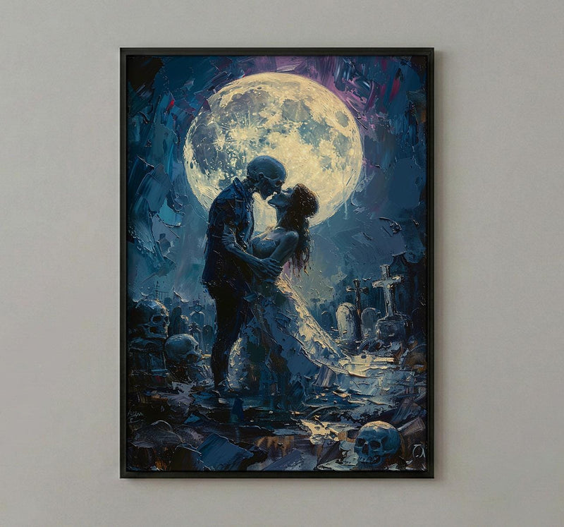 Skeleton Kiss Art, Full Moon Print, Gothic Romance Decor, Impasto Oil Painting, Night Sky, Cemetery Art, Dark Fantasy Love