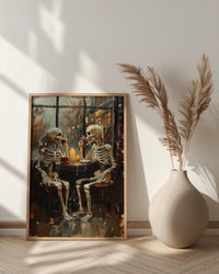 Skeleton Coffee Art, Cozy Goth Decor, Rainy Day Print, Impasto Oil Painting, Cafe Scene, Coffee Lover Gift, Whimsical Dark Art