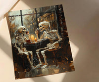 Skeleton Coffee Art, Cozy Goth Decor, Rainy Day Print, Impasto Oil Painting, Cafe Scene, Coffee Lover Gift, Whimsical Dark Art