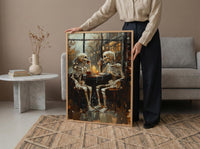 Skeleton Coffee Art, Cozy Goth Decor, Rainy Day Print, Impasto Oil Painting, Cafe Scene, Coffee Lover Gift, Whimsical Dark Art