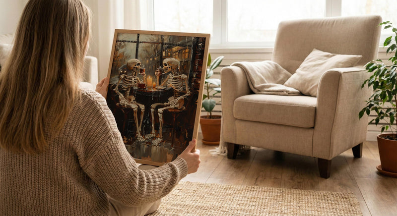 Skeleton Coffee Art, Cozy Goth Decor, Rainy Day Print, Impasto Oil Painting, Cafe Scene, Coffee Lover Gift, Whimsical Dark Art