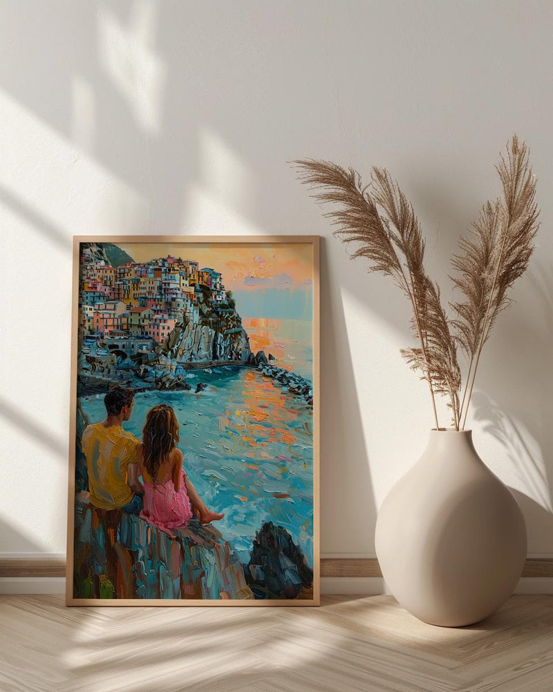 Cinque Terre Wall Art, Italy Coast Print, Colorful Houses, Impasto Oil Painting, Manarola Sunset, Summer Romance, Travel Gift