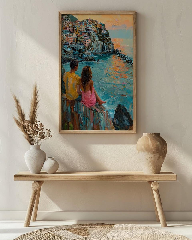 Cinque Terre Wall Art, Italy Coast Print, Colorful Houses, Impasto Oil Painting, Manarola Sunset, Summer Romance, Travel Gift
