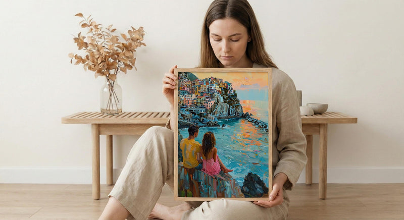 Cinque Terre Wall Art, Italy Coast Print, Colorful Houses, Impasto Oil Painting, Manarola Sunset, Summer Romance, Travel Gift