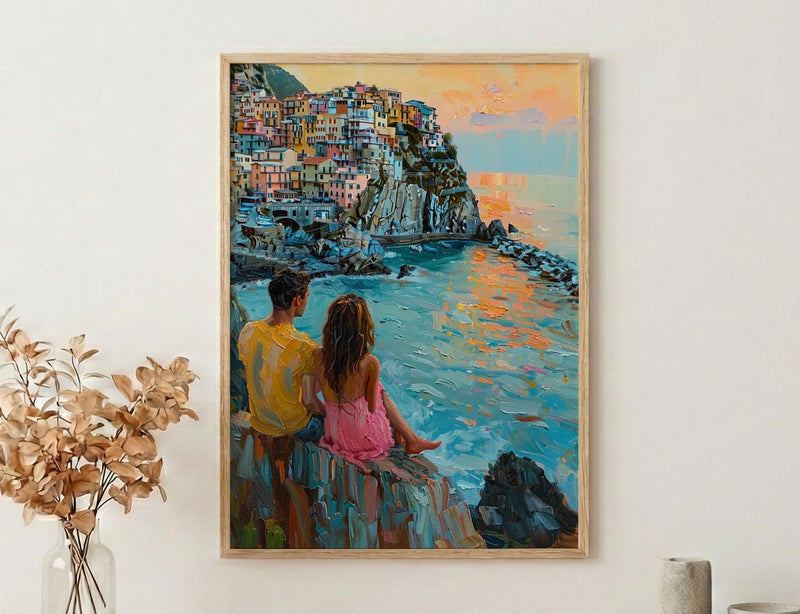 Cinque Terre Wall Art, Italy Coast Print, Colorful Houses, Impasto Oil Painting, Manarola Sunset, Summer Romance, Travel Gift