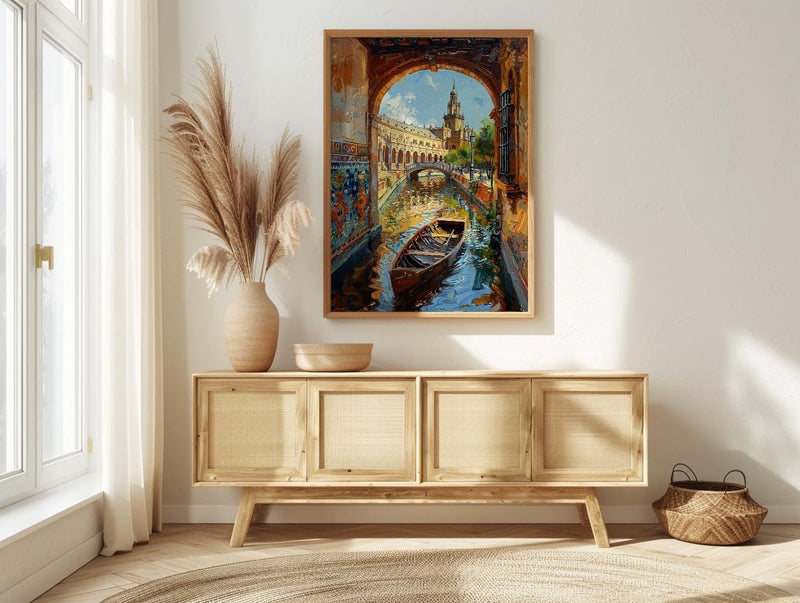 Seville Wall Art, Plaza de Espana Print, Spain Travel Poster, Impasto Oil Painting, Romantic Boat Ride, Andalusian Decor, Gold