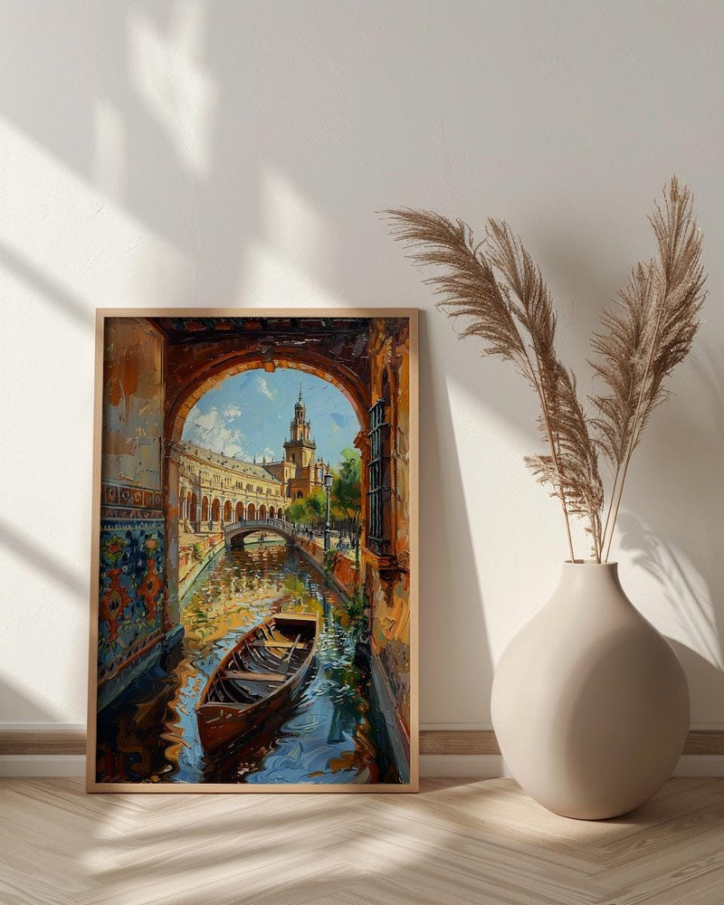 Seville Wall Art, Plaza de Espana Print, Spain Travel Poster, Impasto Oil Painting, Romantic Boat Ride, Andalusian Decor, Gold