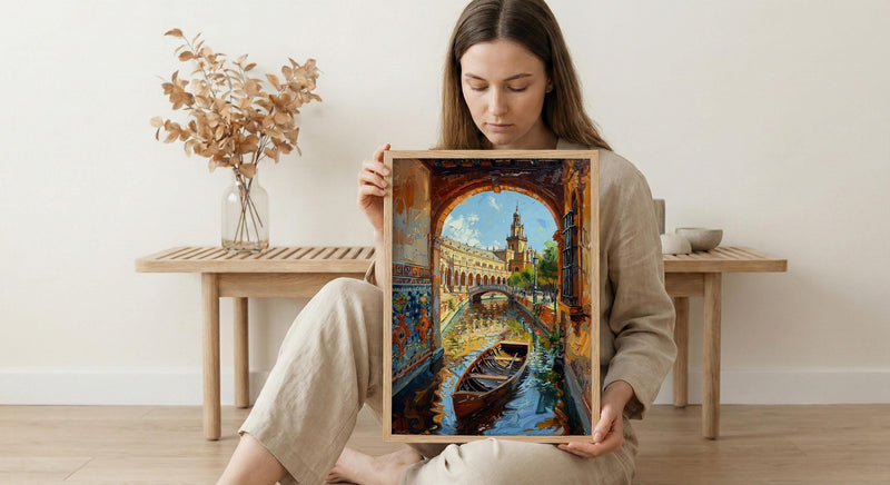 Seville Wall Art, Plaza de Espana Print, Spain Travel Poster, Impasto Oil Painting, Romantic Boat Ride, Andalusian Decor, Gold